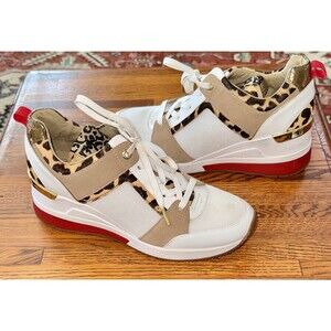 Michael KORS GEORGIE LEOPARD PRINT MK LOGO RED WEDGE SNEAKERS 8.5M